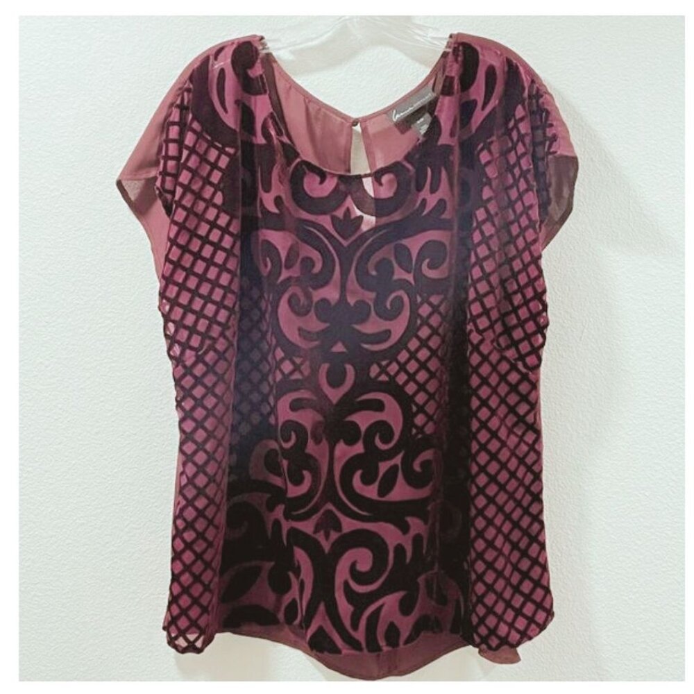 Lane Bryant Plum and Black Velvet Burnout Short Sleeve Blouse